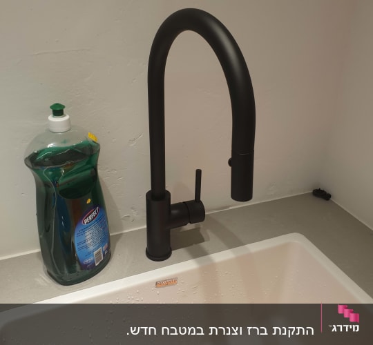 ברז שחור מעל כיור עם סבון כלים ירוק
